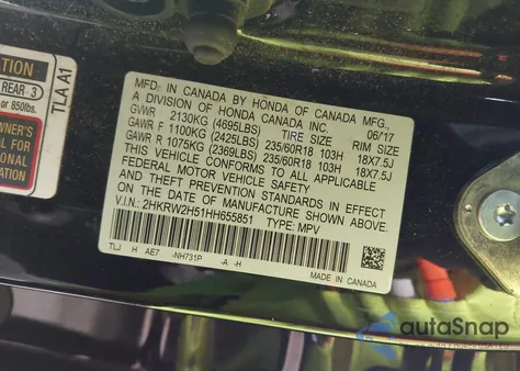 2017 Honda Cr-V Ex from USA, damaged, VIN 2HKRW2H51HH655851